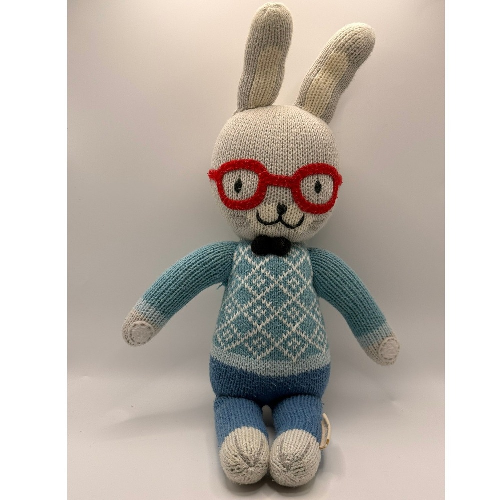 Cuddle + Kind Benedict the Bunny Hand Knit Doll Blue Sweater Red Glasses 15 Inch